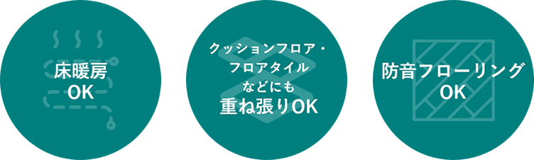 床暖房OK／クッションフロア・フロアタイルなどにも重ね張りOK／防音フローリングOK